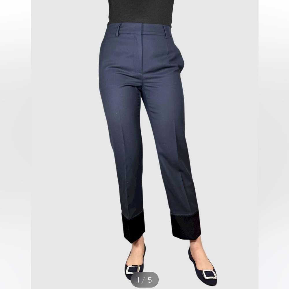 Pants with satin trim on bottom of pant leg